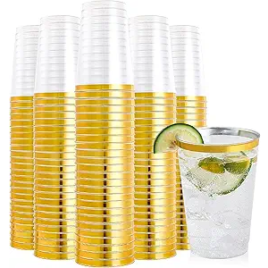 FOCUSLINE 200 Pack 12 oz Gold Rimmed Plastic Cups, Clear Plastic Cups Tumblers, Heavyduty & Fancy Disposable Hard Cup 12 Ounce with Gold Rim for Wedding Cup Elegant Party Cups