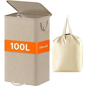 Lifewit Laundry Hamper with Lid and Removable Laundry Bag, Large Collapsible 1 Divider Dirty Clothes Basket with Handles for Bedroom, Laundry Room, Closet, Bathroom, College, 100L Beige