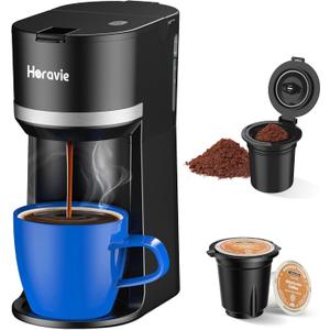 Small Single Serve Coffee Maker for K Cup and Grounds, Fast Brew One Cup Coffee Machine with 12 Oz Reservoir, Compact Size for Home Office RV and Travel, Black