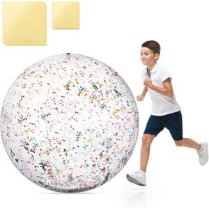 60 Inch Giant Beach Ball Large Inflatable Ball Glitter Beach Ball Jumbo Swimming Pool Ball Clear Confetti Balls with 8 TPU Repair Tape for Kids and Adults Summer Beach Pool Party Favor, 5 Feet