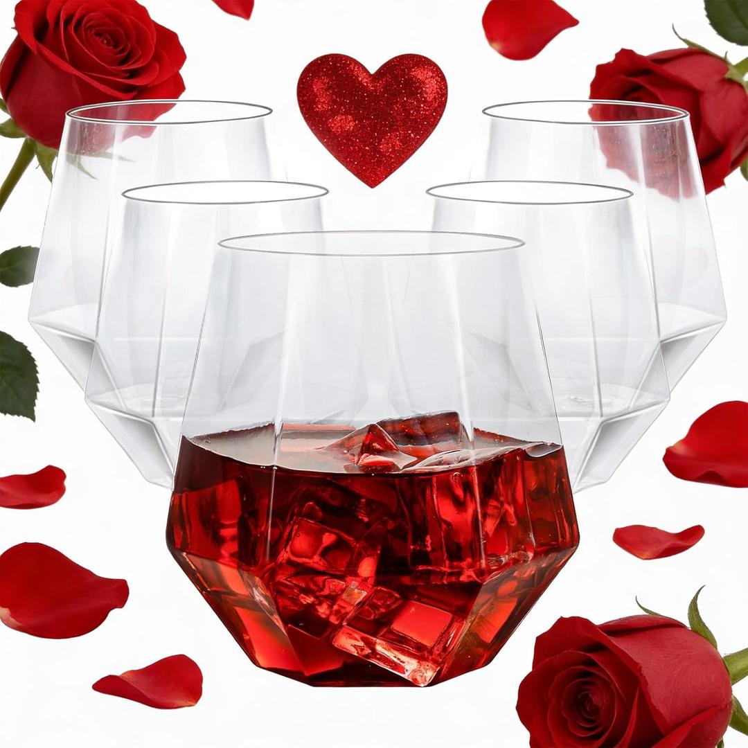 Goodluck 40 PCS Diamond Stemless Plastic Wine Whiskey Glasses, 12 Oz Disposable Cocktail Glasses, Suitable for Weddings, Birthday Parties, Family Gatherings, Bars, etc (Clear)