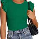 PRETTYGARDEN Womens Summer Crew Neck T Shirts 2026 Trendy Ruffle Sleeve Slim Fit Knit Going Out Tops Casual Spring Clothes (Green, M)
