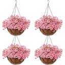 Beeveer Artificial Spring Hanging Flowers in Basket for Home Decoration Faux Orchid Arrangement Porch Plants Coconut Lining Basket for Autumn Courtyard Decor(Pink, Pack of 4)