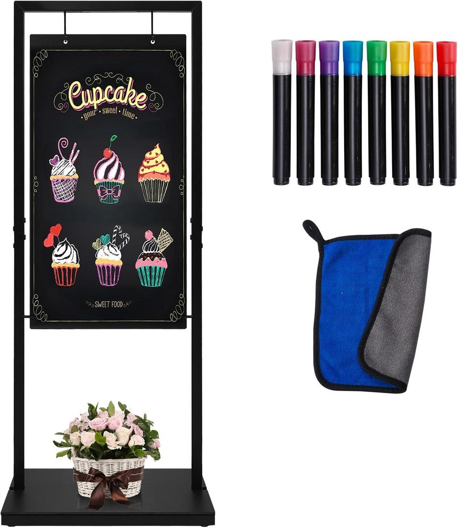 ‌Pubell Large Hanging Chalkboard Sign with Stand, 47" x 20" Black Metal