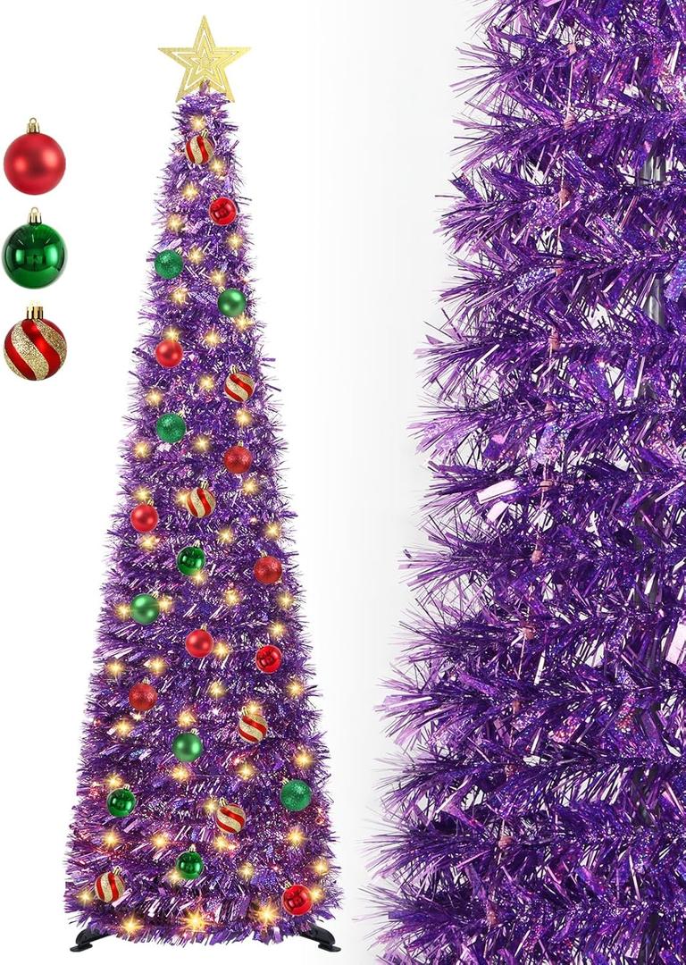 5 FT Pop Up Christmas Tree with Timer Lights and Decorations, Purple Tinsel Artificial Christmas Tree with 24 Balls Ornaments, Collapsible Pencil Tree for Xmas Home Office Party Decor