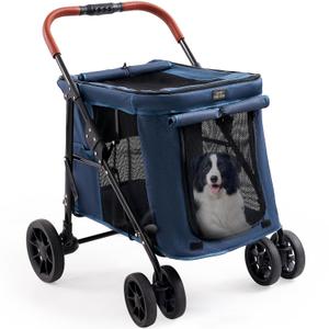Upgraded 4 Wheels Pet Stroller for Small/Medium Dogs- One Button Fold, Adjustable Mesh Windows and Shades, 360 Swivel Front Wheels and Rear Wheel Brake (Navy Blue)