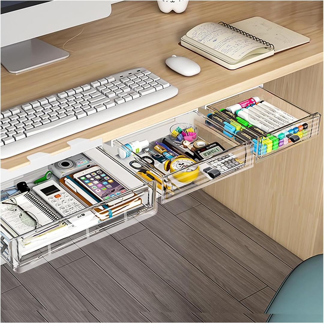 3 Pack Under Desk Drawer Organizer, Slide Out Desk Drawer, Clear Plastic Drawer Under for Office, School, Home, Hidden Desktop Organizer Pen Holder for Self-Adhesive (Clear, 3 Size)