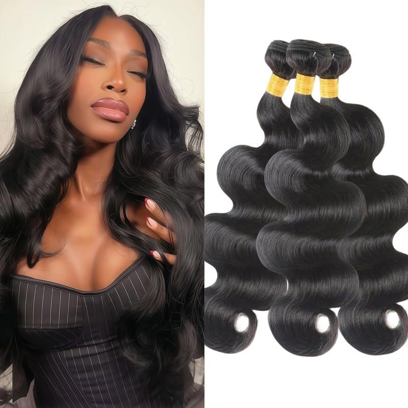 Body Wave Human Hair Bundles 24 26 28 Inch Black 3 Bundles for Black Women 12A Virgin Human Hair Deals Double Weft Quick Brazilian Hair Weave