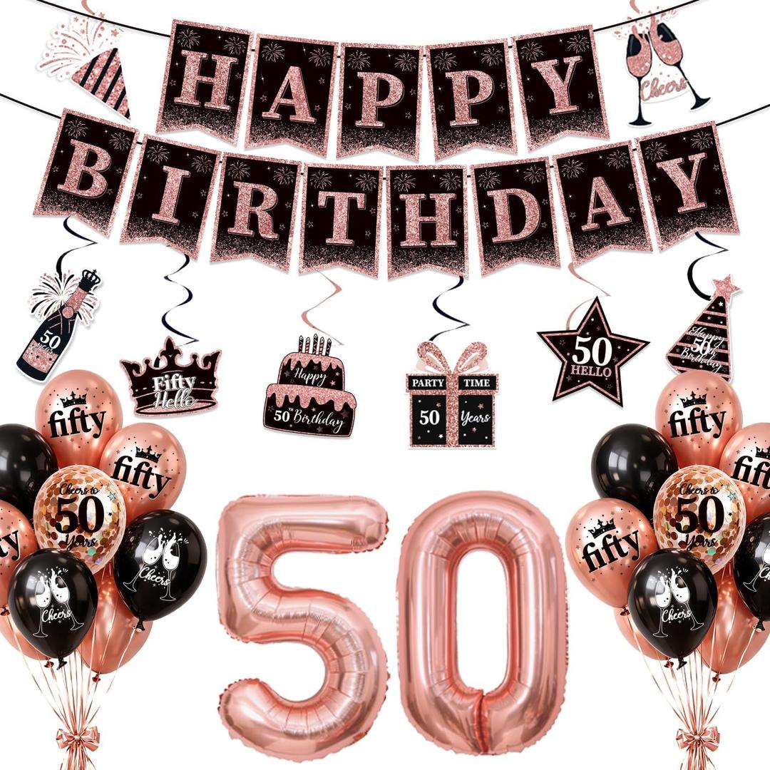 2 x 50th Birthday Decorations for Women, 37pcs 50th Birthday Party Supplies with Black Rose Gold Happy 50th Birthday Banner Backdrop Balloons Hanging Swirls, 50 Years Old Birthday Decorations Kit