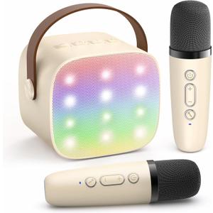 Mini Karaoke Machine with 2 Wireless Microphones for Kids Adults, Portable Bluetooth Speaker Gift for Girls Toys 4, 5, 6, 7, 8, 10, 12+ Years Old Teens Birthday(Beige)