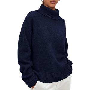 PRETTYGARDEN Womens Turtleneck Long Sleeve Sweater 2026 Fall Trendy Loose Fit Casual Tops Chunky Knit Pullover Sweaters (X-Large, Navy Blue)