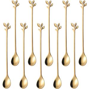 AnSaw 10-Piece 7.4" Long Handle Teaspoons - Gold Leaf Design for Coffee & Tea Stirring Spoons, Elegant Stainless Steel Stir Spoons