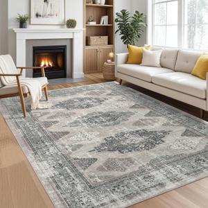 8x10 Rug for Living Room Washable, Soft Vintage Large Area Rugs for Bedroom Retro Indoor Floor Carpet, Farmhouse Low Pile Non-Slip Rugs for Dining Room, Sage Green Multi