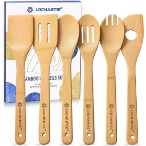 Wooden Spoons for Cooking Bamboo Utensils Set (6 Pieces) - Essential Tools Wooden Spoons & Spatula for Everyday Stirring, Mixing, Flipping & Serving, Gentle on Nonstick Cookware (Beige)