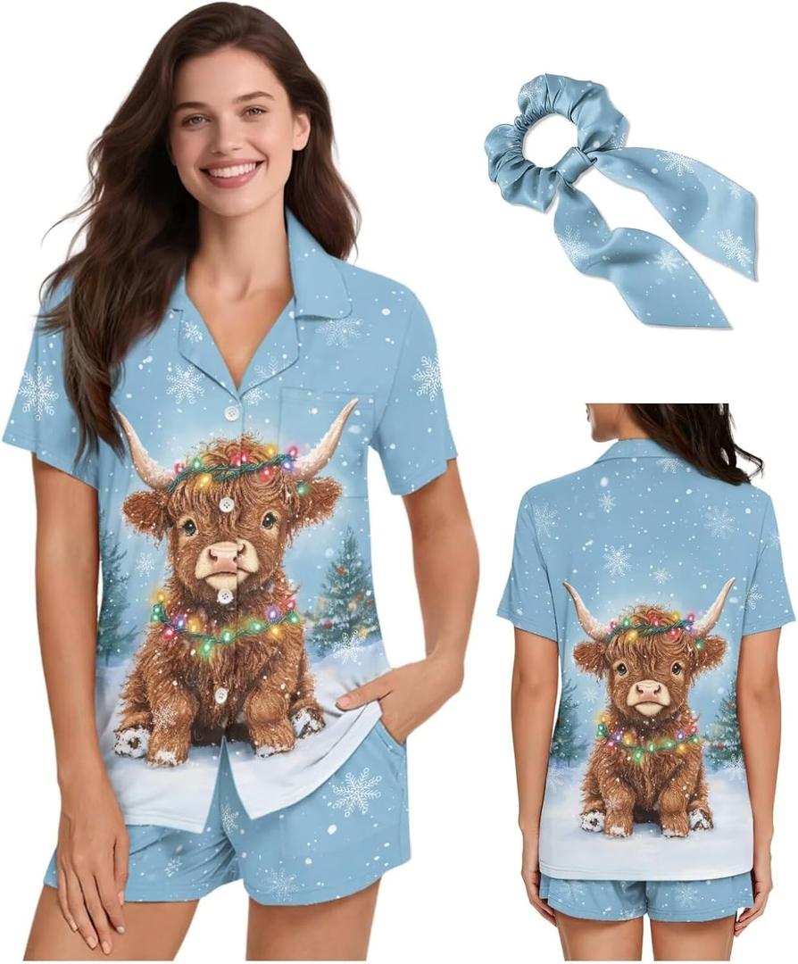 Christmas Pajamas for Women Set of 2 Pieces Button Down Pj Sets S-2XL Sleepwear Loungewear with Scrunchies (XXL)