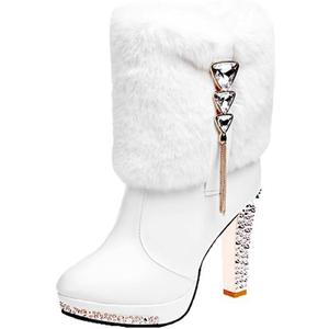 Purubylley Women's Winter Fur Warm Plush Ankle Boots,Fashion Rhinestones Deco Side Zipper Non-slip Warm Closure Chunky High Heel Snow Boots (6, White)