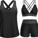 Daci Women 3 Piece Tankini Swimsuits - Tummy Control Tank Top with Bra Modest Bathing Suit with Pockets Boyshorts Bottom 2026 (Black, XL)