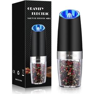 Sweet Alice Gravity Electric Pepper/Salt Grinder, Salt or Pepper Mill & Adjustable Coarseness, Battery Powered with LED Light, One Hand Automatic Operation, Stainless Steel (Single/Black) (2.5*2.5*7.9inch)