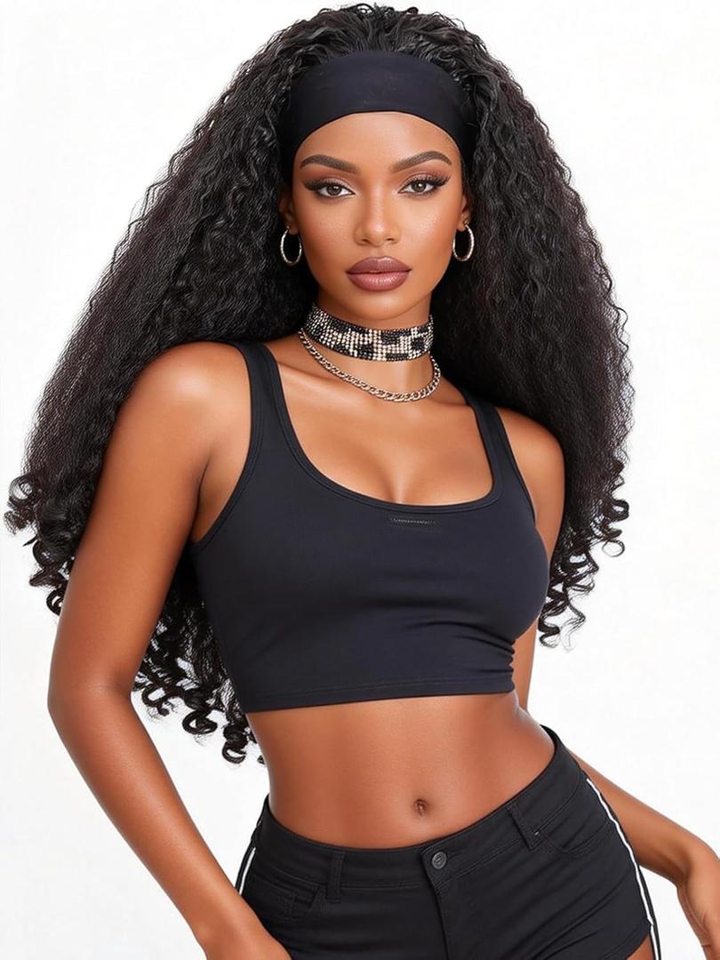 Curly Headband Wig 26 InchAfro Curly Wigs for Black WomenKinky Straight Synthetic Hair with Bouncy Curls In the EndWear and Go Glueless Half Wig (Natural Color)