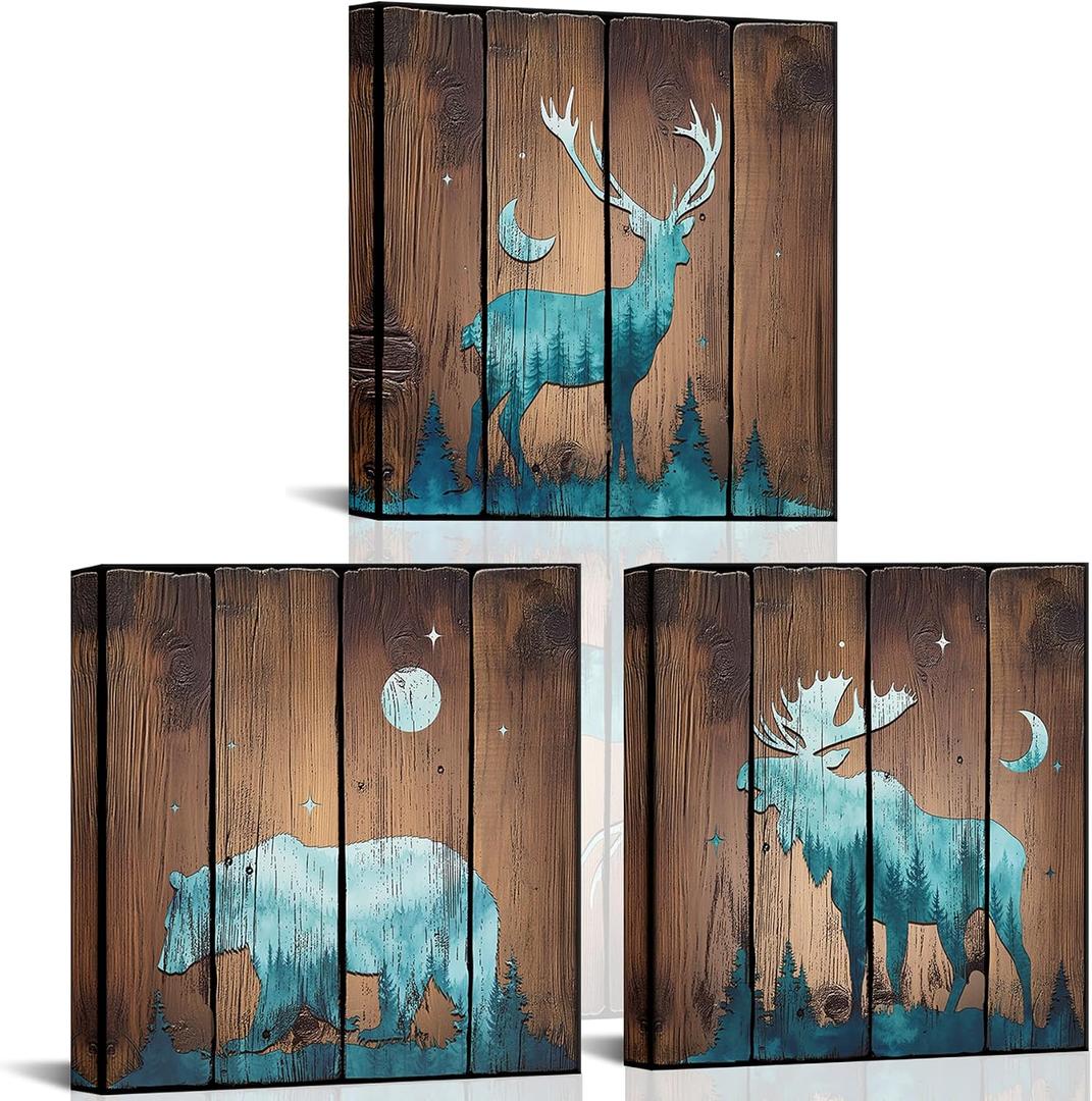 xiysien Rustic Cabin Wall Art Animal Canvas Wall Decor Country Deer Bear Moose Animal Framed Artwork for Farmhouse Living Room Bedroom 12''x12''x3PCS