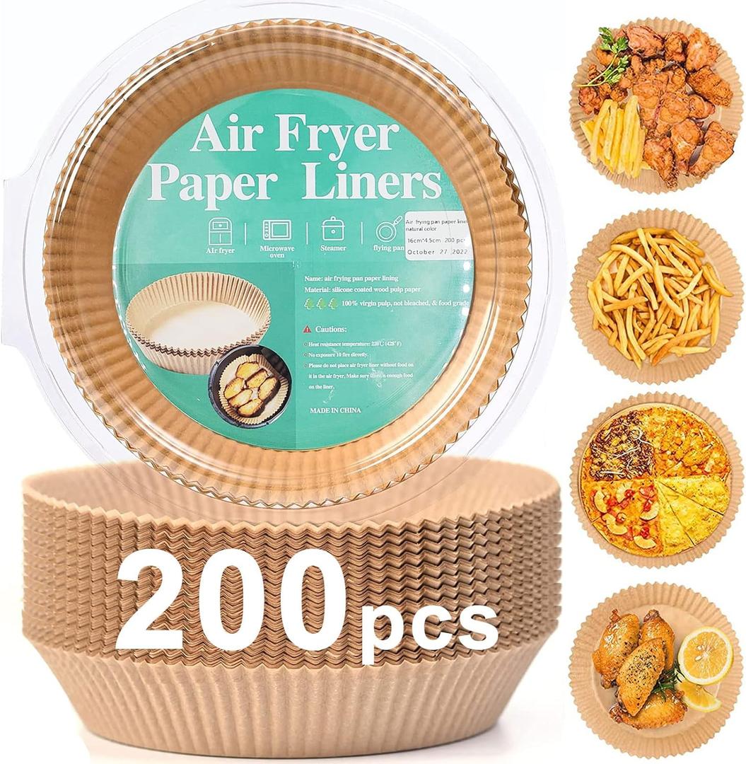 200pcs Air Fryer Disposable Paper Liner, Non-Stick Disposable Air Fryer Parchment Paper Liners, Baking Paper for Air Fryer Oil-Proof, Water-Proof, Food Grade Parchment, 6.3" in Bottom, 8" on top