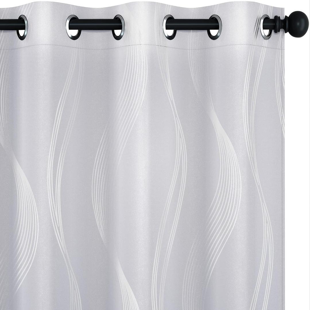 Deconovo Silver Wave Print Blackout Curtains - Thermal Insulated & NoiseReducing Grommet Drapes for Bedroom & Living Room, OekoTEX Certified, Greyish White, 52W x 63L, 2 Panels