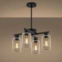 4Light Modern Farmhouse Black Chandelier, Dining Room Light Fixture Over Table Adjustable Height Hanging Industrial Pendant Lights Kitchen Island, Clear Glass Shade