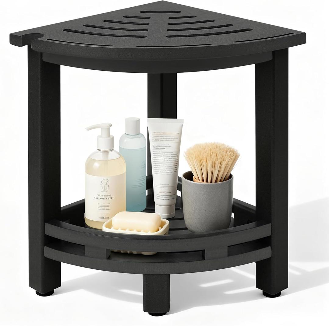 HDPE Corner Shower Stool for Shaving Legs, Waterproof Shower Stool with Storage Shelf for Bathroom, Black