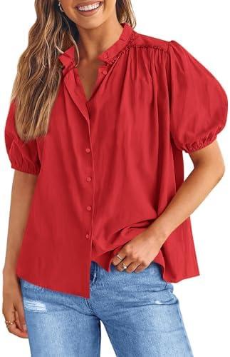 Tankaneo Womens Puff Sleeve Button Down Shirts Cotton Pleated Loose Fit Tops Summer Dressy Casual Blouses XL, Red