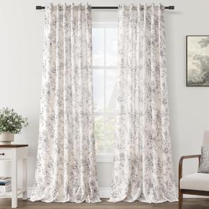 Floral Linen Curtains - 100 Inch Length for Living Room & Bedroom, Botanical Patterned, Burlap Textured, Rustic Farmhouse, Shabby Chic, Extra Long Drapes