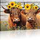 Highland Cow Canvas Wall Art Farmhouse Animal Painting Sunflower on Cow Head Picture Wood Background Poster Artwork for Bathroom Home Office Decor Framed - 16.00"x24.00"