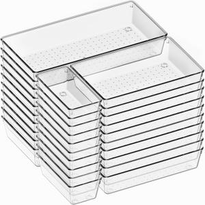 Criusia 30 Pack Large Clear Plastic Drawer Organizer Bins - Acrylic Kitchen Drawer Organization and Storage Dividers for Utensils Gadgets, Office Bathroom and Vanity Organizer for Makeup Accessoires, 
Product Dimensions	12"L x 6"W x 2"H
Item Weight	3.87 kg
