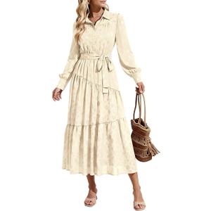 dowerme Women's Casual Dresses 2025 Fall Fashion Long Sleeve Button Up Floral Print Belted Tiered Boho Maxi Party Dress, Size XXL (Beige)