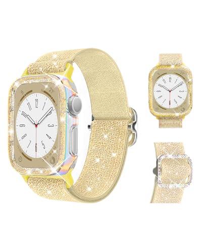 Stretchy Band and Bling Bumper Case Compatible with Apple Watch 40mm 38mm 41mm 42mm 44mm 45mm 46mm Women, Elastic Nylon Straps and Glitter Protective Frame for iWatch Series 11 10 9 8 7 6 5 4 3 2 1 SE