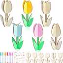 BAPHILE 24 Pack Wood Tulips to Paint, DIY Wooden Tulips Flowers Craft Kits with Decorate Tools Spring Summer Centerpieces Craft Ornaments for Home DIY Craft Party Favors Tiered Tray Decorations