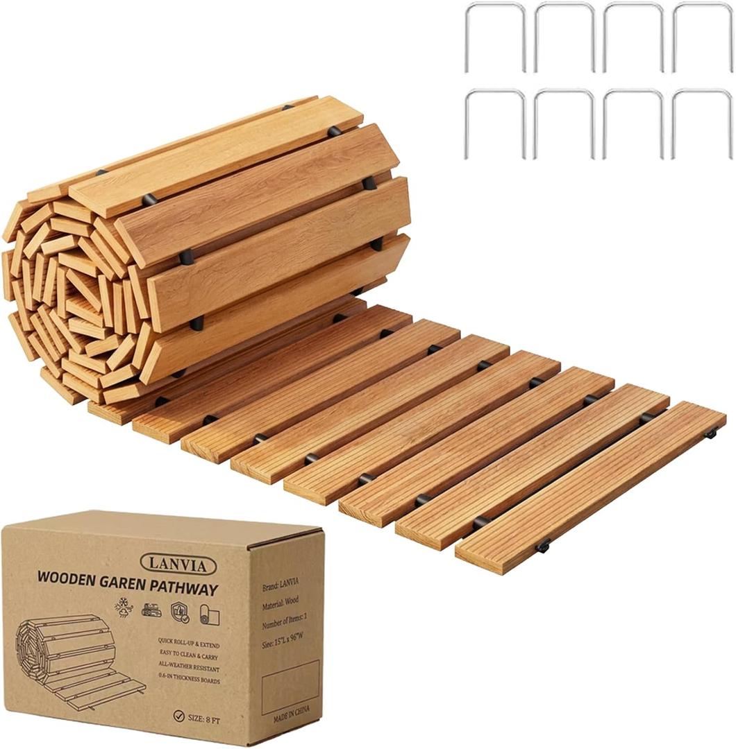 Wooden Garden Pathway Outdoor Walkway - 8 FT Roll Out Outdoor Pathway with Ground Stakes, Boardwalk Pavers for Outside Walkway, Non-Slip Garden Path for Backyard Decor, Lawn Landscaping, Natural