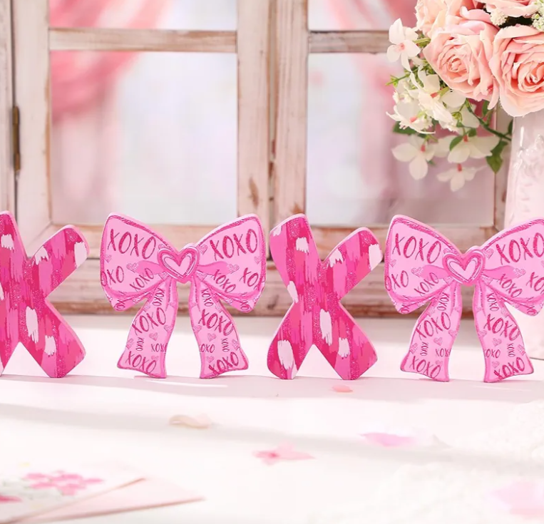 Feifeiya 4 Pcs Pink XOXO Heart Garland Valentines Day Pink Bow Decorations Banner Heart Hanging Garland Romantic XOXO Banner for Valentine Anniversary Wedding Party Decorations Supplies