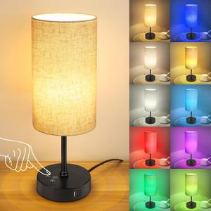 Unicozin Table Lamp, 3 CCT 3000K/4500K/6500K & RGB Color Changing, Stepless Dimmable Small Bedside Lamp for Reading, Ambience Nightstand Light for Home Decor Party, Beige Shade (14.5in)