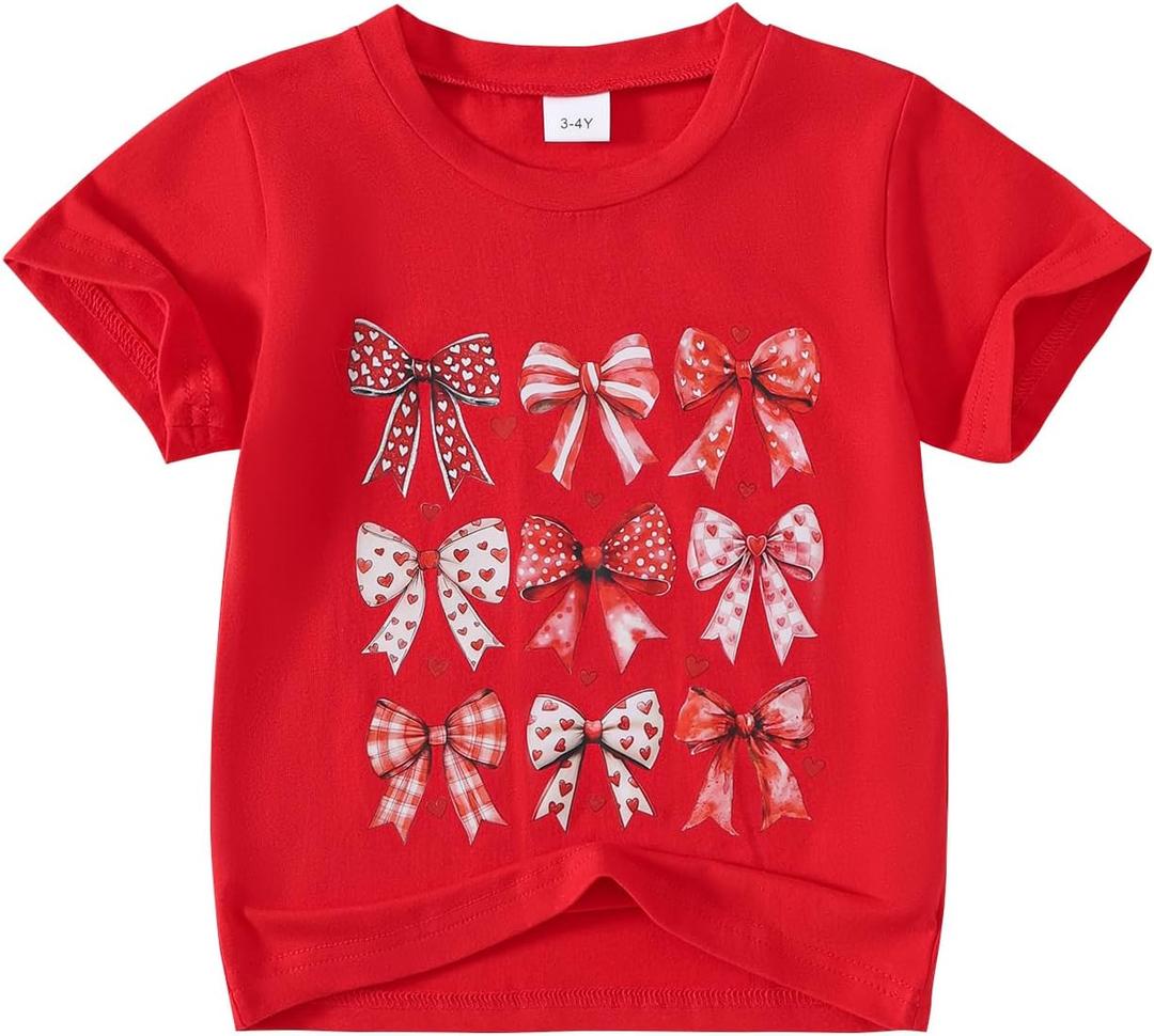 Little Girl Valentines Day Shirt Bow/Heart Clothes Toddler Valentines Day Outfit 3-8Y (Red)