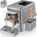 URPOWER Stainless Steel Cat Litter Box with Lid Extra Large Enclosed Litter Box for Cats Non-Sticky Metal Pan with High Sided Enclosure & Scoop, Front & Top Entry, Anti-Leakage, Easy Cleaning (Gray)