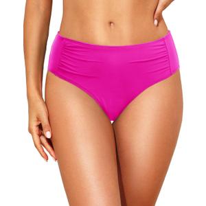 Women Full Coverage Bikini Bottoms - Mid Rise Bathing Suit Ruched Swim Bottom Swimsuit Swimwear (Small, Pink)