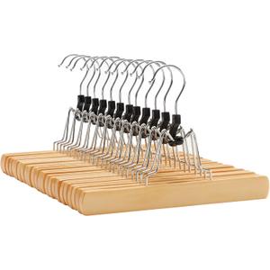 SONGMICS 12 Pack Wooden Pants Hangers, Premium Solid Wood with Non-Slip Felt, Hold Pants Tightly, Smooth Finish Wood Skirt Hangers, with 360 Swivel Hook, Natural UCRW007-12