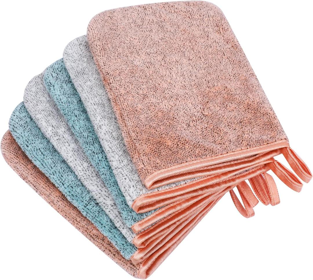 PHOGARY 6 Pack Microfiber Body Wash Mitts, 68 Inch Super Absorbent & Soft Face Mitten, Coral Fleece Bath Spa Cloth, Reusable Makeup Remover Mitt Gloves, 3 Colors
