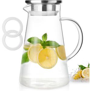 Glass Pitcher with Lid and Handle, 2 Liter 68oz Water Pitcher with Spout for Fridge, Borosilicate Glass Jug for Hot/Cold Drink, Large Ice Tea Carafe for Juice, Coffee, Sangria, Beverage