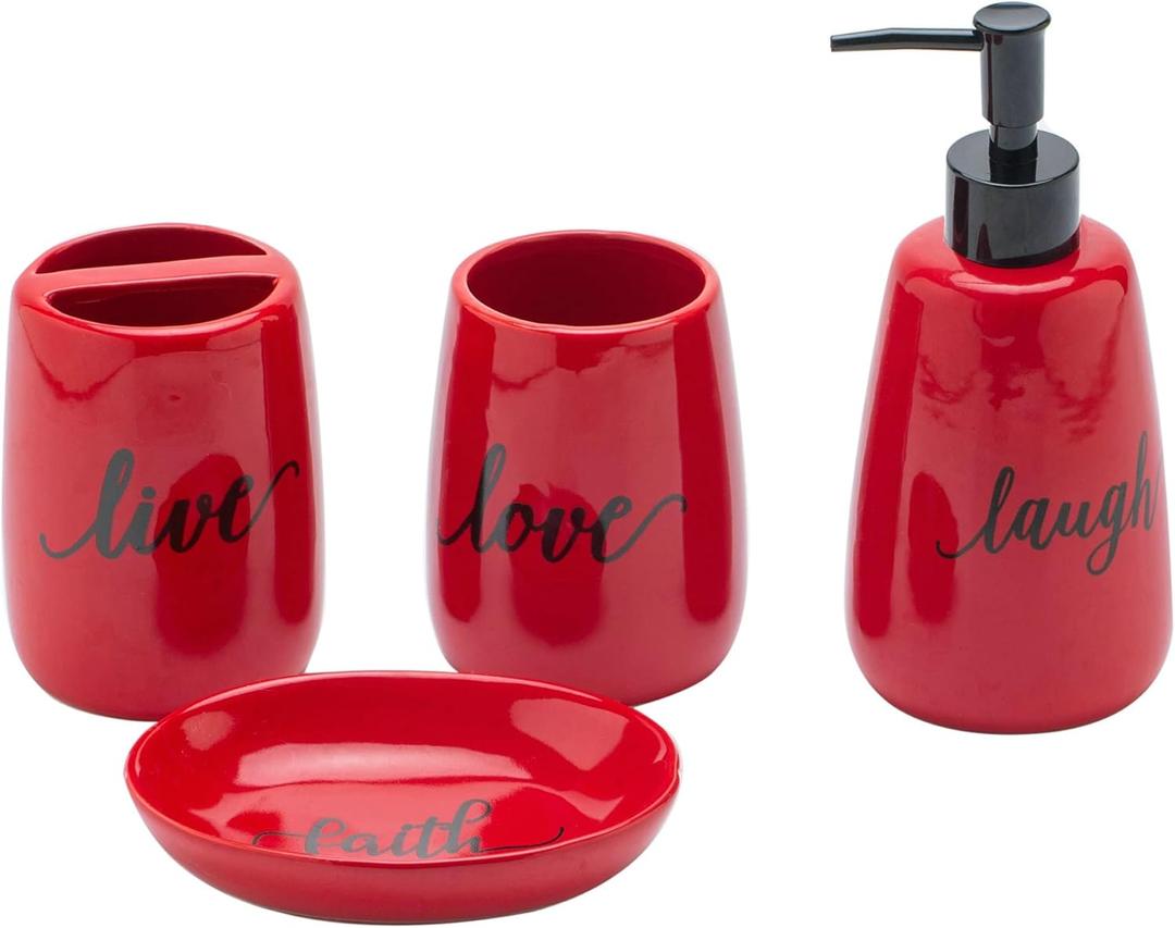 Bathroom accesory Set, Ceramic, 4pc,Toothbrush Holder soap Dispenser soap Dish Tumble Cup for Bathroom Decor and Gift (Navy) (RED)