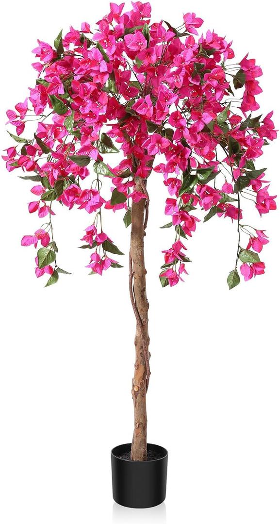 4FT Artificial Tree Tall Potted Fake Bougainvillea Trees for Outdoor Indoor Office Wedding Home Decor Lifelike Faux Plants with Wood Trunk and Pink Flowers (4ft)
