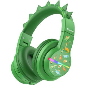 iClever BTH12 Kids Bluetooth Headphones,Colorful LED Lights Wireless Kids Headphones,74/85dBA Safe Volume,85H Playtime,Bluetooth 5.2,Over Ear Dinosaur Headphone Built-in Mic for iPad/Tablet/Airplane
