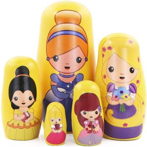 Cute Princess Nesting Dolls for Girls,5 Pcs Girl with Dress Handmade Wooden Russian Nesting Doll Yellow Matryoshka Dolls for Kids Toy Birthday Christmas New Year Girl Women Gift Home Decoration
