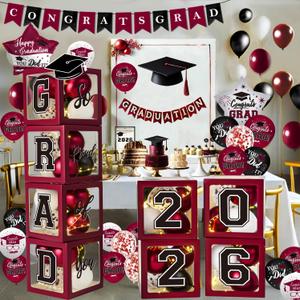Maroon Themed 2026 Graduation Decorations Set - Balloons Boxes with Letters 2026 GRAD So Proud of You - Complete Party Supplies for High School & College Celebrations
