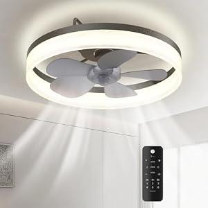 MOTCTQVD 19.7'' Flush Mount Ceiling Fans with Lights, 6 Speeds Low Profile Ceiling Fan with Light and Remote, 3000K-6500K Dimmable Modern LED Fandelier Ceiling Fans for Bedroom